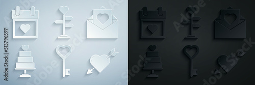 Set Key in heart shape, Envelope with Valentine, Wedding cake, Amour symbol and arrow, Signpost and Calendar icon. Vector