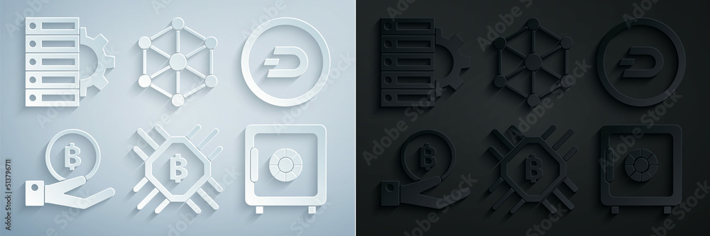 Set CPU mining farm, Cryptocurrency coin Dash, Hand holding Bitcoin, Safe, Blockchain technology and Server gear icon. Vector Set CPU mining farm, Cryptocurrency coin Dash, Hand holding Bitcoin, Safe, Blockchain technology and Server gear icon. Vector