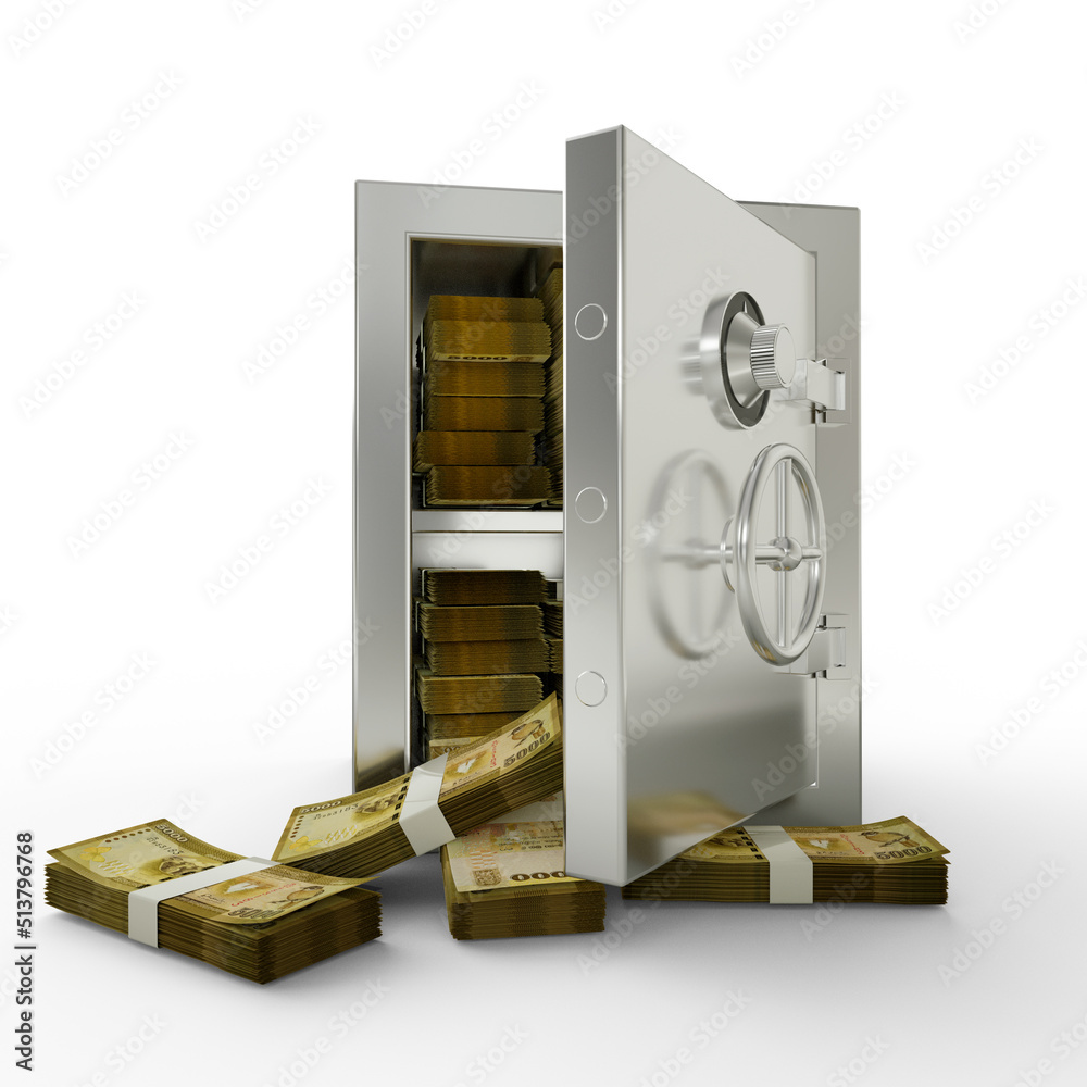 Bundles of 5000 Sri Lankan rupee in Steel safe box. 3D rendering of stacks of money inside