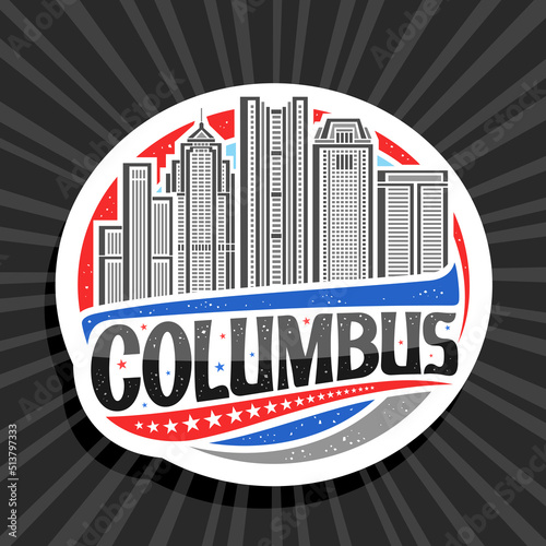 Vector logo for Columbus, white decorative label with simple line illustration of columbus city scape on day sky background, art design refrigerator magnet with unique letters for black word columbus photo