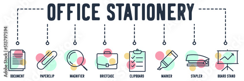 Office Stationery banner web icon. document, paperclip, magnifier, briefcase, clipboard, marker, stapler, board stand vector illustration concept.