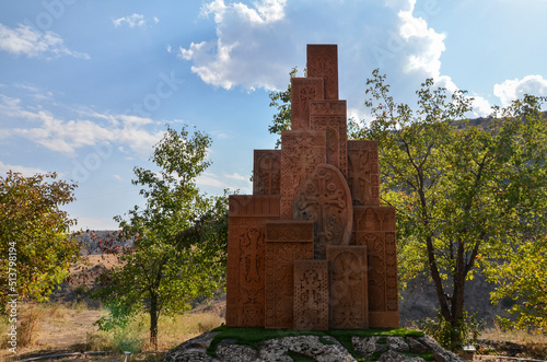 Monumental ensemble of traditional Armenian carved memorial steles Khachkars (cross stones) in Vayk, Armenia photo