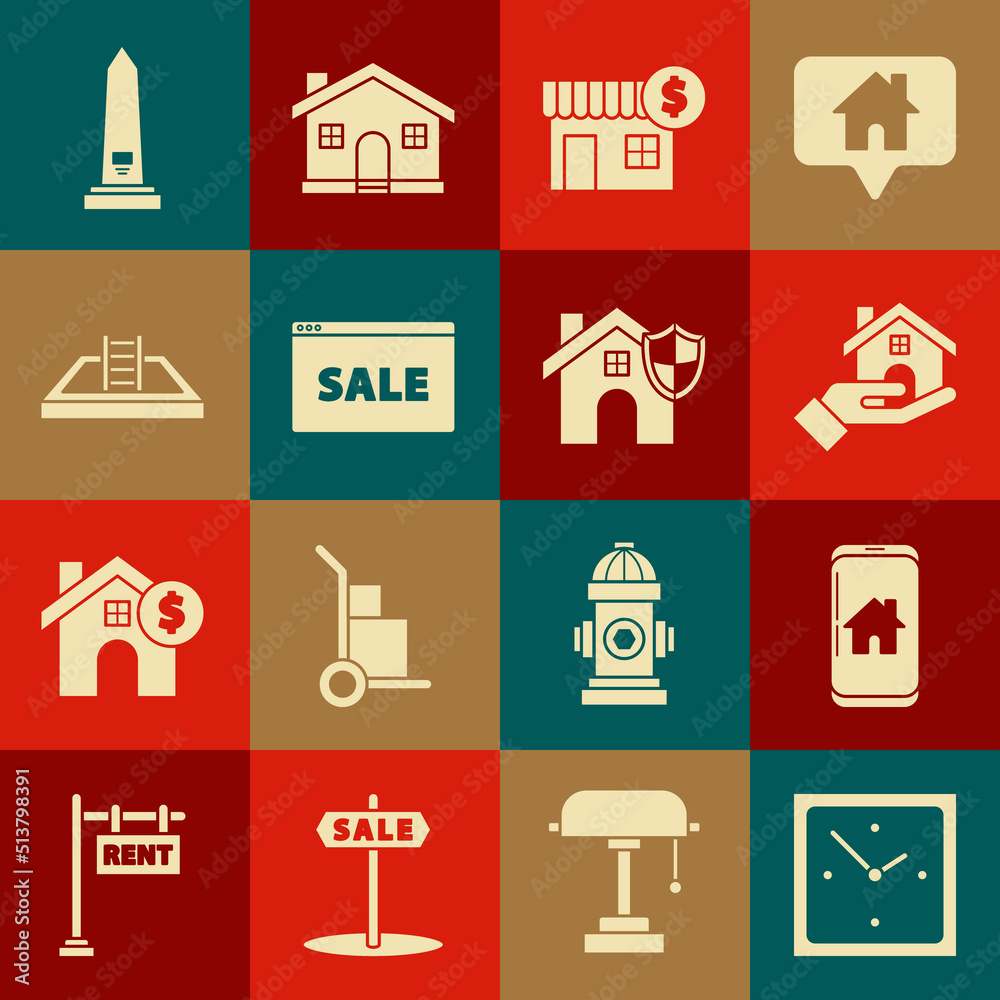 Set Clock, Mobile phone with smart home, Realtor, House dollar symbol, Hanging sign text Online Sale, Swimming pool ladder, Washington monument and shield icon. Vector Set Clock, Mobile phone with smart home, Realtor, House dollar symbol, Hanging sign text Online Sale, Swimming pool ladder, Washington monument and shield icon. Vector