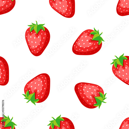 Fototapeta Naklejka Na Ścianę i Meble -  Strawberry seamless pattern in cartoon style on white background. Vector strawberry background. 