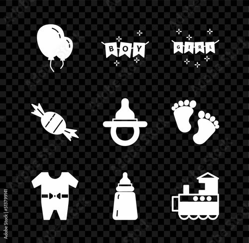 Set Balloons with ribbon, Carnival garland flags, Baby clothes, bottle, Toy train, Candy and dummy pacifier icon. Vector