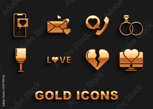 Set Love text, Wedding rings, Computer monitor with heart, Broken divorce, Wine glass, Telephone speech bubble, Smartphone and Envelope icon. Vector