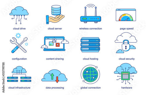 Cloud technology concept line icons set. Pack outline pictograms of drive, server, wireless connection, page speed, configuration, content sharing. Vector flat elements for mobile app and web design
