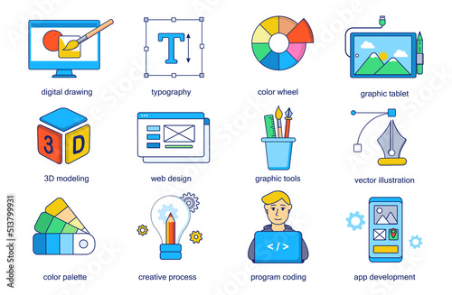 Design and development concept line icons set. Pack outline pictograms of digital drawing, typography, color wheel, 3d modeling, tools, palette. Vector flat elements for mobile app and web design
