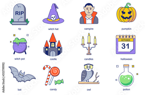 Halloween concept line icons set. Pack outline pictograms of rip, witch hat, vampire, pumpkin, pot, castle, candles, bat, candy, owl, potion, party. Vector flat elements for mobile app and web design