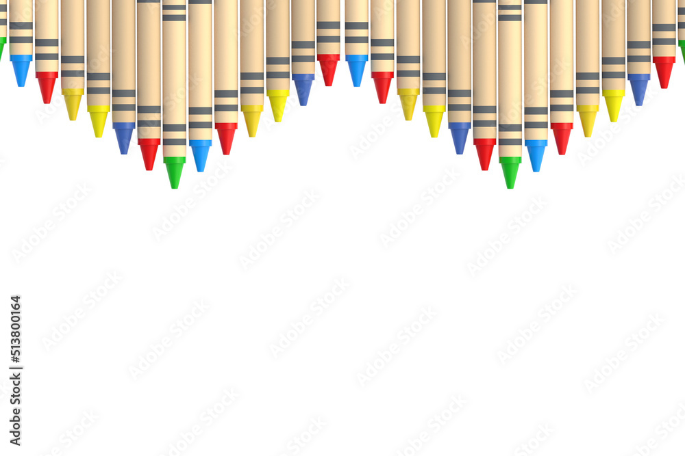 Row of wax crayons isolated on white background. 3d render Row of wax crayons isolated on white background. 3d render