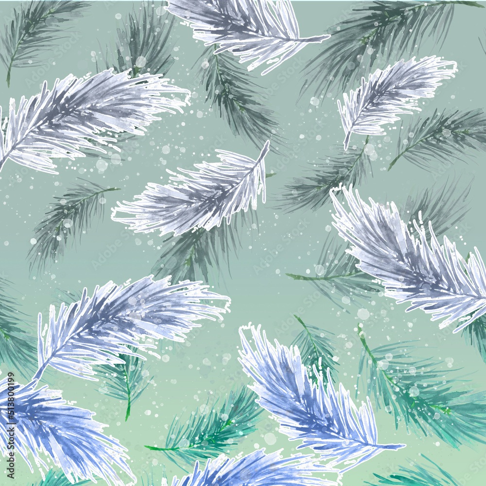 Fototapeta Watercolor Vintage art pattern.With a picture - a branch of spruce. Pine, fir-tree and cedar. pattern of pine branches. Use for various designs, materials, packaging, paper,shawl 