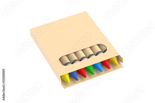 Colorful wax crayons in package isolated on white background. Top view. 3d render