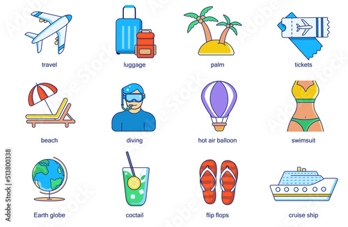 Travel vacation concept line icons set. Pack outline pictograms of airplane, luggage, palm, ticket, beach, diving, swimsuit, cocktail, flip flops. Vector flat elements for mobile app and web design