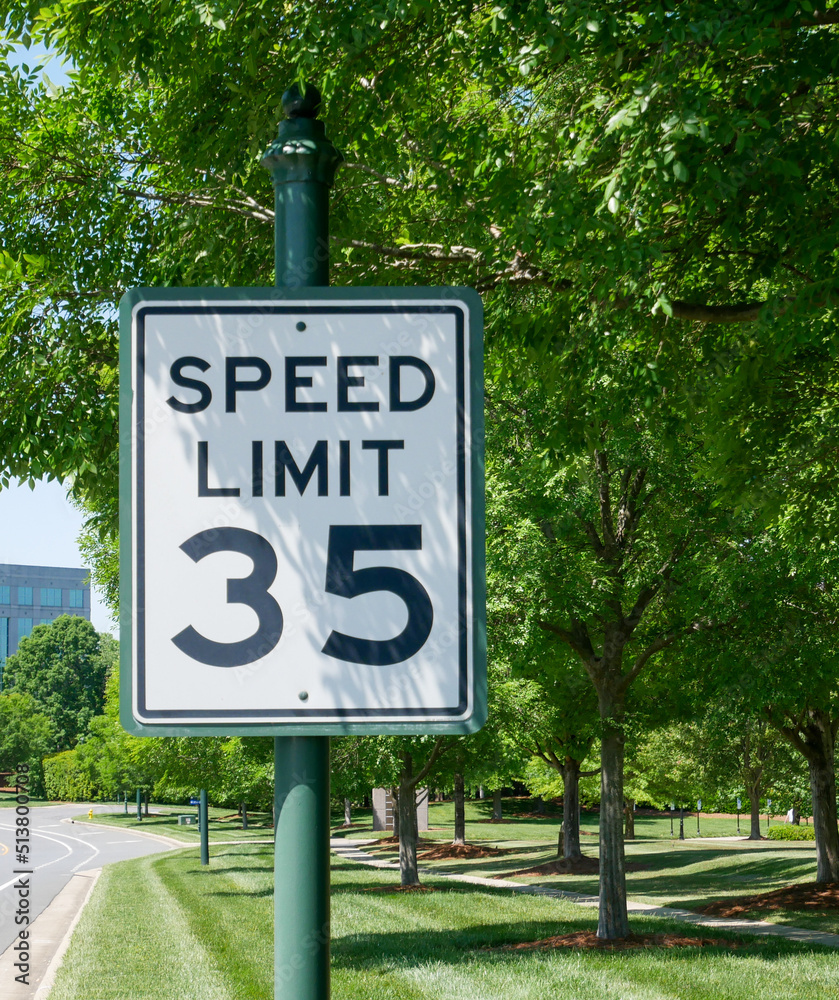 SIgn in the city. Suburban speed limit sign, 35 miles per hour(mph) - obrazy, fototapety, plakaty 