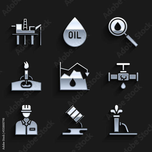 Set Drop in crude oil price, Barrel leak, Oil pump or pump jack, Broken pipe with leaking water, Oilman, rig fire, drop and platform the sea icon. Vector