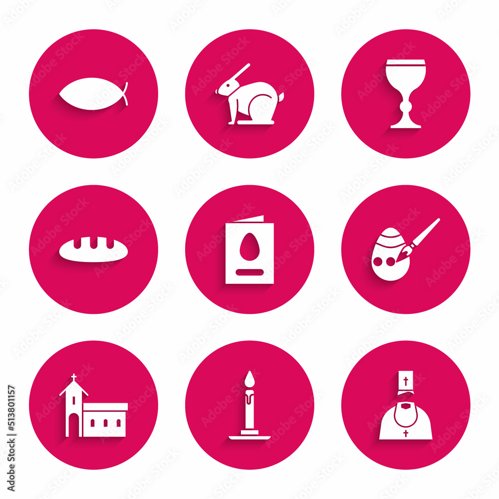 Set Greeting card with Happy Easter, Burning candle candlestick, Priest, egg paint brush, Church building, Bread loaf, Wine glass and Christian fish icon. Vector Set Greeting card with Happy Easter, Burning candle candlestick, Priest, egg paint brush, Church building, Bread loaf, Wine glass and Christian fish icon. Vector