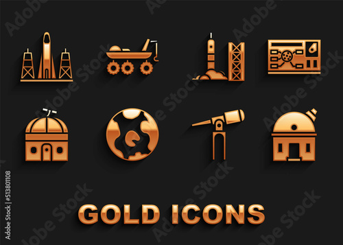 Set Earth globe, Futuristic hud interface, Astronomical observatory, Telescope, Rocket launch from the spaceport, and Mars rover icon. Vector
