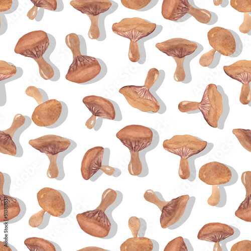 autumn watercolor mushrooms with wavy cap vector seamless pattern isolated hand drawn