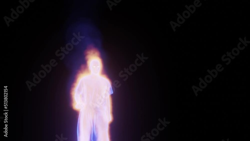 blue 3d specter character walking putting out fire and smoke
