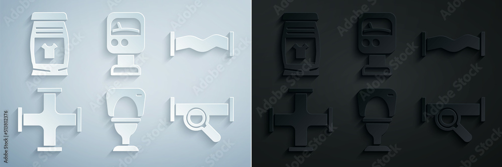 Fototapeta premium Set Toilet bowl, Industry metallic pipe, Pressure water meter and Laundry detergent icon. Vector