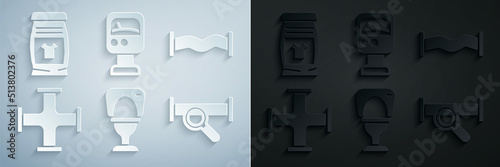 Set Toilet bowl, Industry metallic pipe, Pressure water meter and Laundry detergent icon. Vector