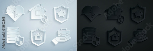 Set House with shield, Piggy bank, Money, Hand holding briefcase, and Life insurance icon. Vector
