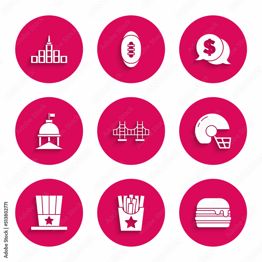 Set Golden gate bridge, Potatoes french fries in box, Burger, American football helmet, Patriotic top hat, White House, Coin money with dollar and City landscape icon. Vector Set Golden gate bridge, Potatoes french fries in box, Burger, American football helmet, Patriotic top hat, White House, Coin money with dollar and City landscape icon. Vector