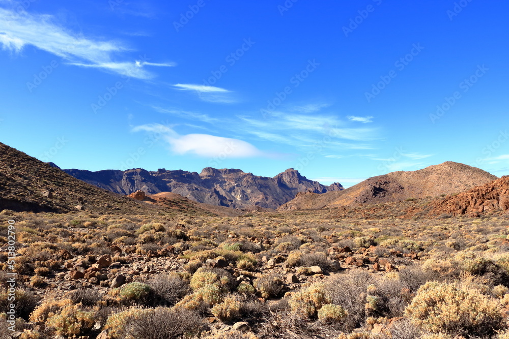 Tenerife, view over Canadas del Teide old crates remains from hiking path of the ascent of Guajara mountain