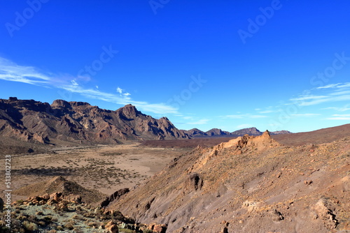 Tenerife, view over Canadas del Teide old crates remains from hiking path of the ascent of Guajara mountain