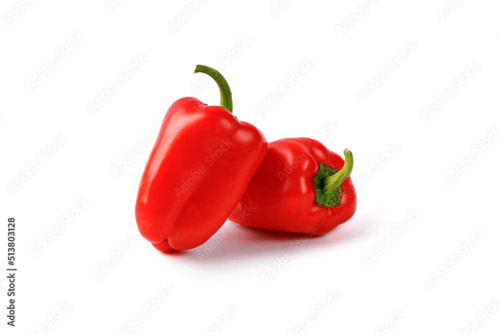 Two Red sweet mini peppers, paprika isolated on a white background. Heap, group, set of mini bell peppers. Vegan diet food.