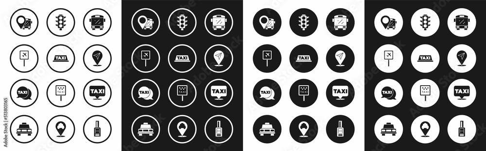 Set Bus, Taxi car roof, Airport, Location with bus, Traffic light, taxi and call telephone service icon. Vector