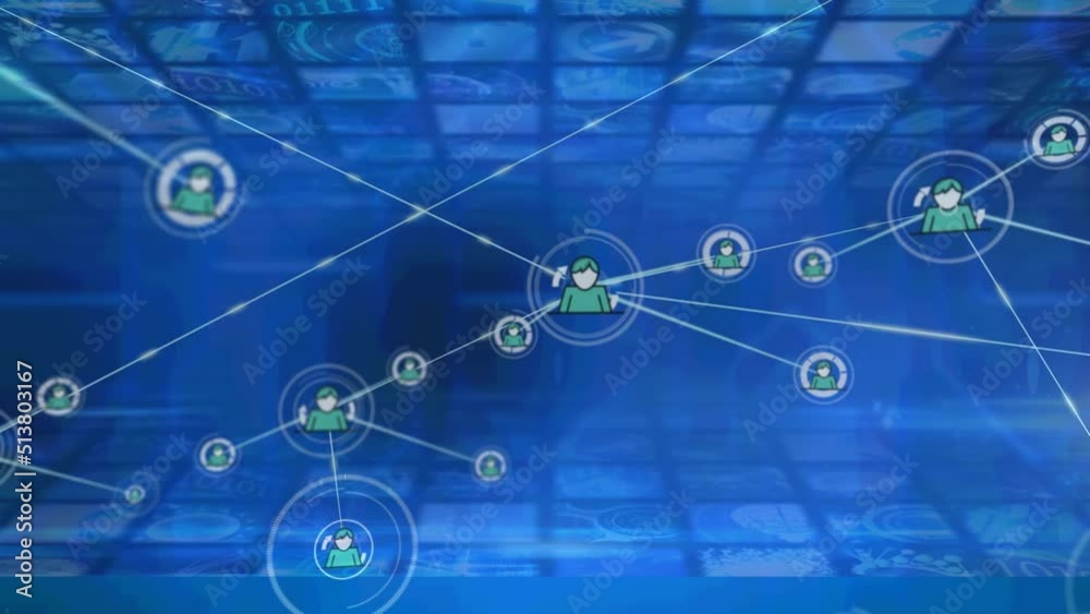 Animation of network of connections over blue digital background Animation of network of connections over blue digital background