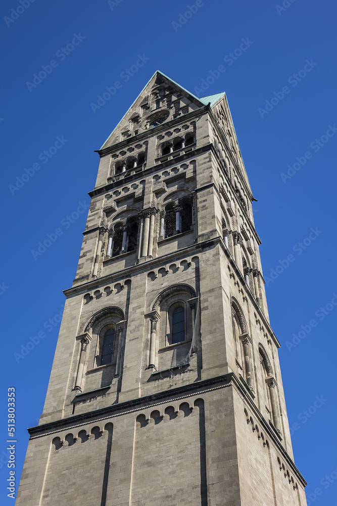 Catholic Church of St. Rochus (Rochuskirche, built between 1894 and 1897) is located at Rochusmarkt 5 in the Pempelfort district of Dusseldorf. Tower of the Rochus Church. DUSSELDORF, GERMANY.