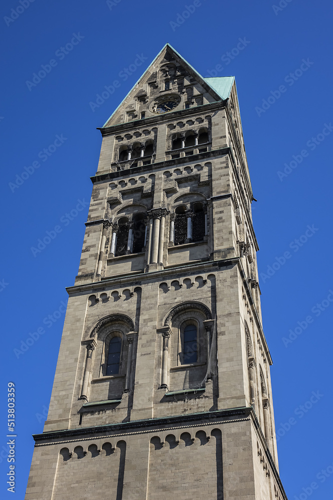 Catholic Church of St. Rochus (Rochuskirche, built between 1894 and 1897) is located at Rochusmarkt 5 in the Pempelfort district of Dusseldorf. Tower of the Rochus Church. DUSSELDORF, GERMANY.