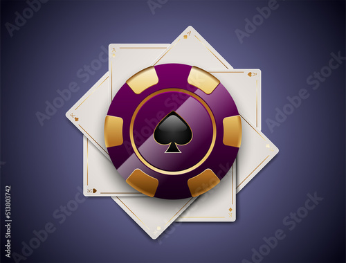 VIP poker luxury purple and golden chip on white aces and kings playing cards vector casino logo. Royal poker tournament or club emblem with spade on lavender background