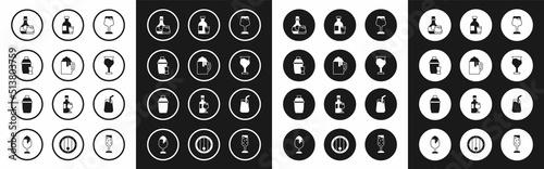 Set Wine glass, Wooden beer mug, Cocktail shaker, Whiskey bottle and, Bottle of vodka with, and icon. Vector