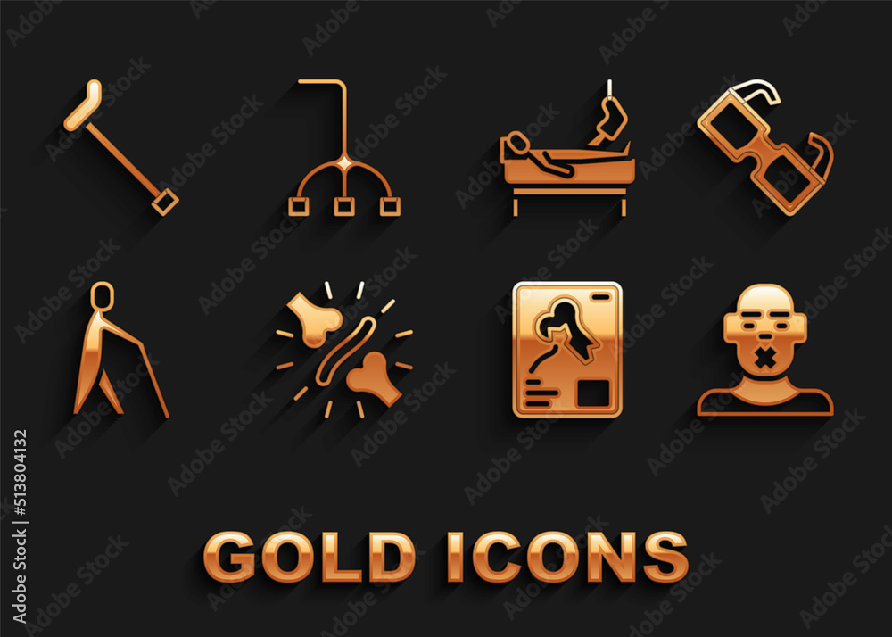 Set Joint pain, knee pain, Eyeglasses, Head of deaf and dumb, X-ray shots, Blind human holding stick, Patient with broken leg, Walking cane and icon. Vector