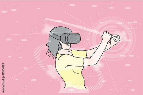 Young woman slasing virtual reality sword toward dummy target. Flat design illustration