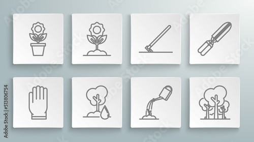 Set line Garden gloves, Flower, Watering Tree, can with water, Trees, rake work, Gardening handmade scissors for trimming and pot icon. Vector
