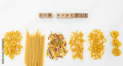 Assortment of shapes of pasta on white background isolated