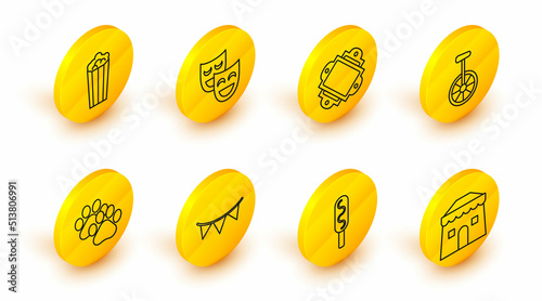 Set line Circus tent, Corn dog, Carnival garland with flags, Paw print, Unicycle one wheel bicycle, Ticket, Comedy theatrical masks and Popcorn cardboard box icon. Vector
