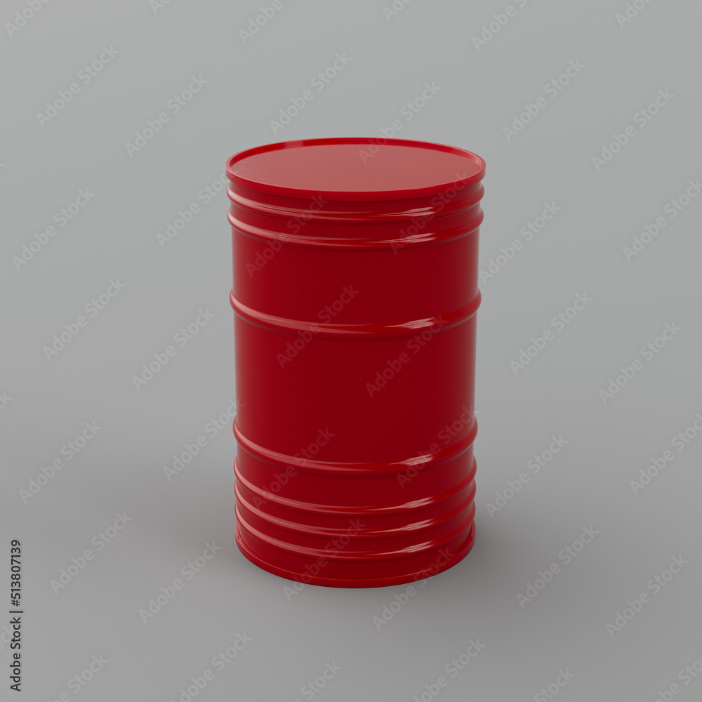 Red glossy plastic barrel on a light background - red canister, can, oil, petroleum