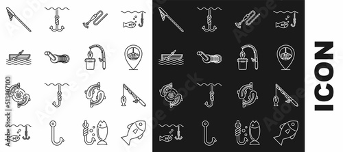 Set line Fish, Fishing rod and fish, Location fishing, line with hook float, Spinning reel for, boat oars water, net and icon. Vector