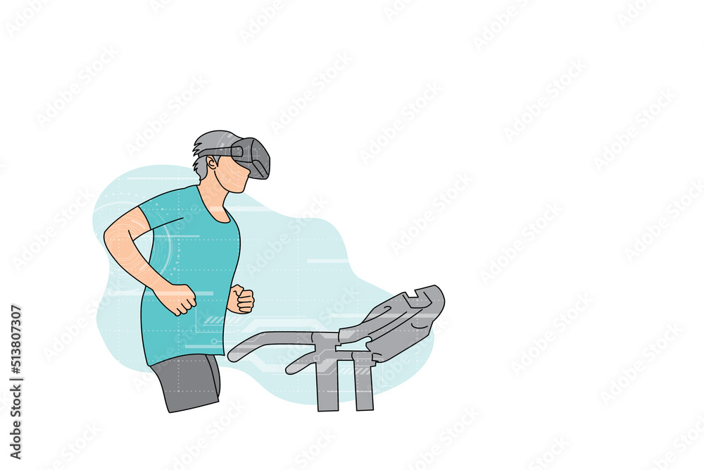 Energetic young man running on treadmill while wearing VR. Vector illustration design