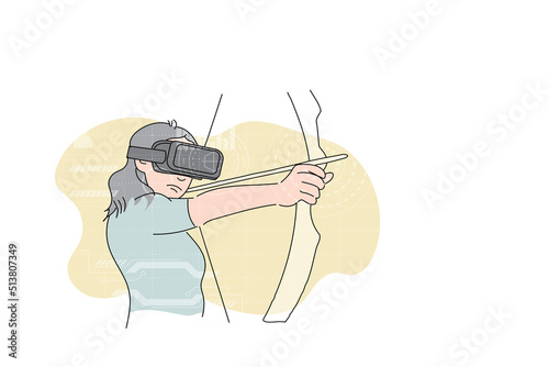 Laser focus young woman ready to aim with virtual bow. VR game concept. Vector illustration design