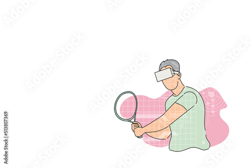 Man playing tenis in virtual reality game. Vector illustration design