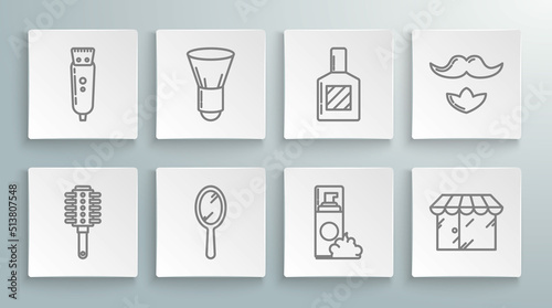 Set line Hairbrush, Shaving, Hand mirror, gel foam, Barbershop building, Aftershave, Mustache beard and Electrical hair clipper shaver icon. Vector