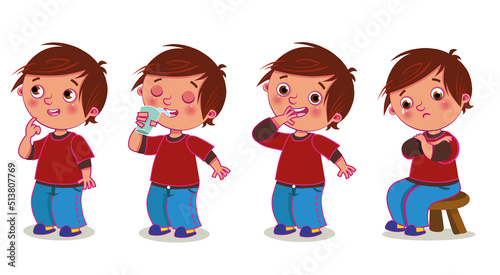 Little boy in different poses. Cartoon little boy character page. Vector illustration.
