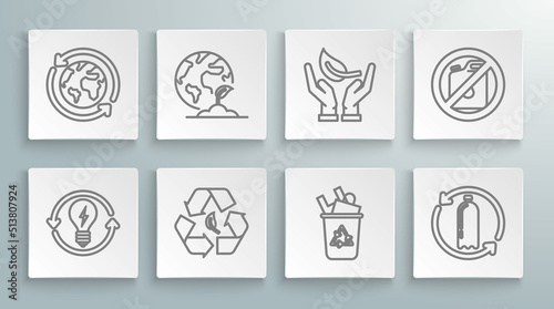 Set line Recycle and light bulb with lightning symbol, bin recycle, Recycling plastic bottle, Sprout hand of environmental protection, No canister for gasoline and Planet earth recycling icon. Vector