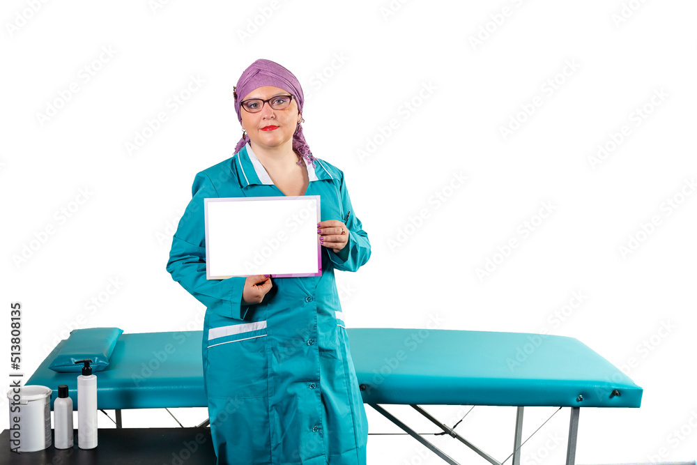 A woman depilation master in a medical uniform with certificates in her hands next to the couch. save a place. A woman depilation master in a medical uniform with certificates in her hands next to the couch. save a place.